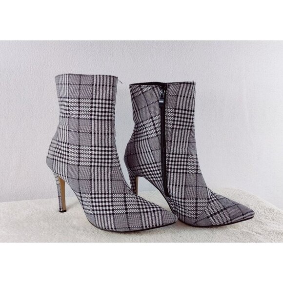 Ankle Boot Black White Plaid Pointed Toe Stiletto Heel 40 Zipper Career - Picture 2 of 13